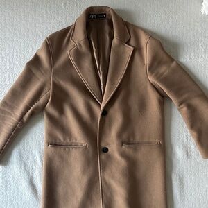 Men’s Camel Wool Blend Winter Overcoat Size L from Zara Fits 42R